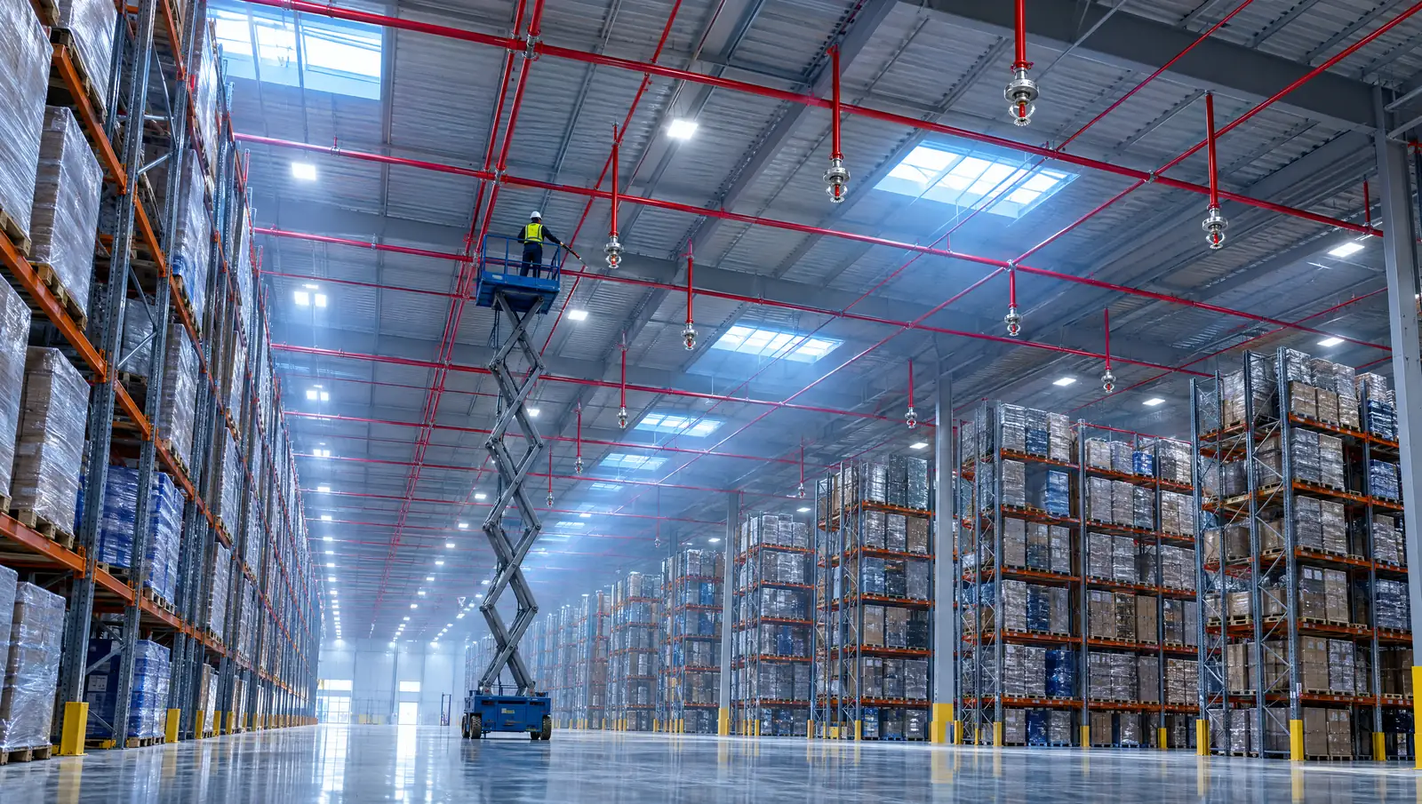 Depósito logístico con red de rociadores ESFR y un técnico trabajando sobre una plataforma elevadora