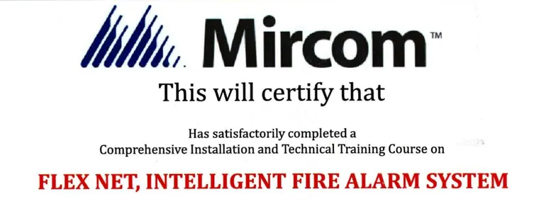 Certificado de Mircom por el curso de instalación del sistema inteligente de alarma de incendio FleX-Net