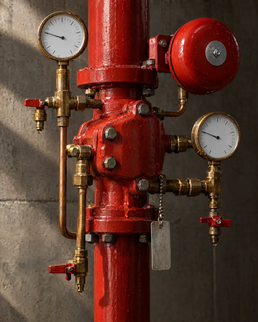 Estación de control y alarma de una red de rociadores con manómetros y campana hidráulica