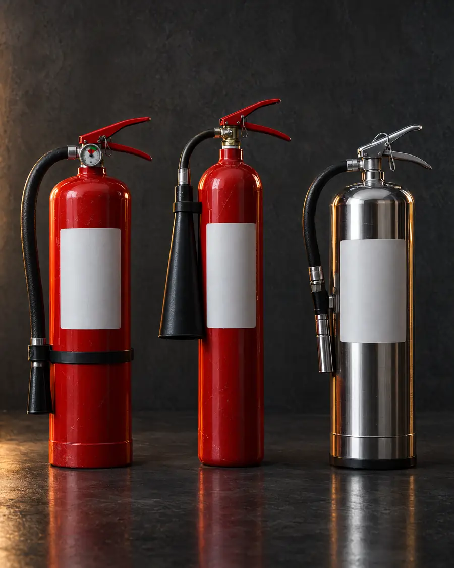Matafuego de polvo ABC, matafuego de CO₂ y matafuego de clase K