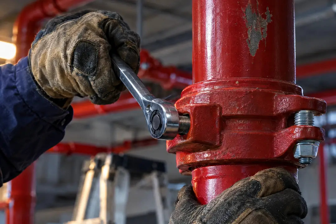 Técnico ajustando una unión ranurada en una cañería roja de rociadores