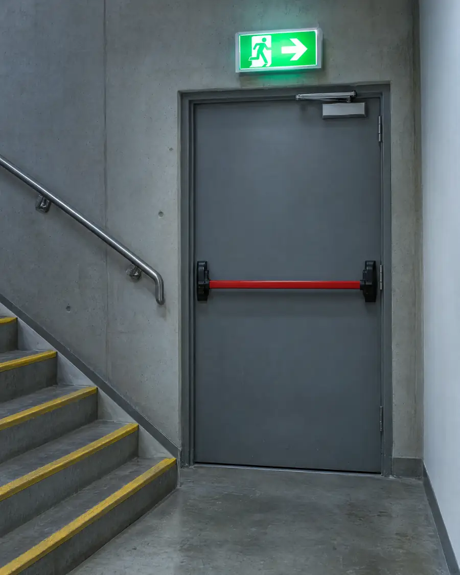 Puerta cortafuego con barral antipánico en una escalera de emergencia